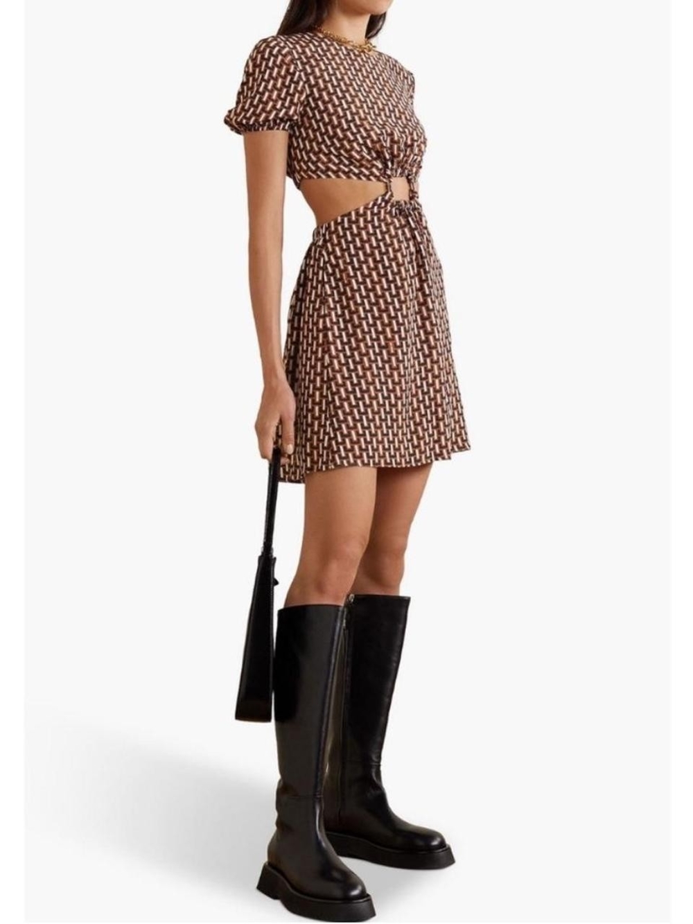 STAUD Brown Geometric Cutout Mini Dress with Ring Detail
